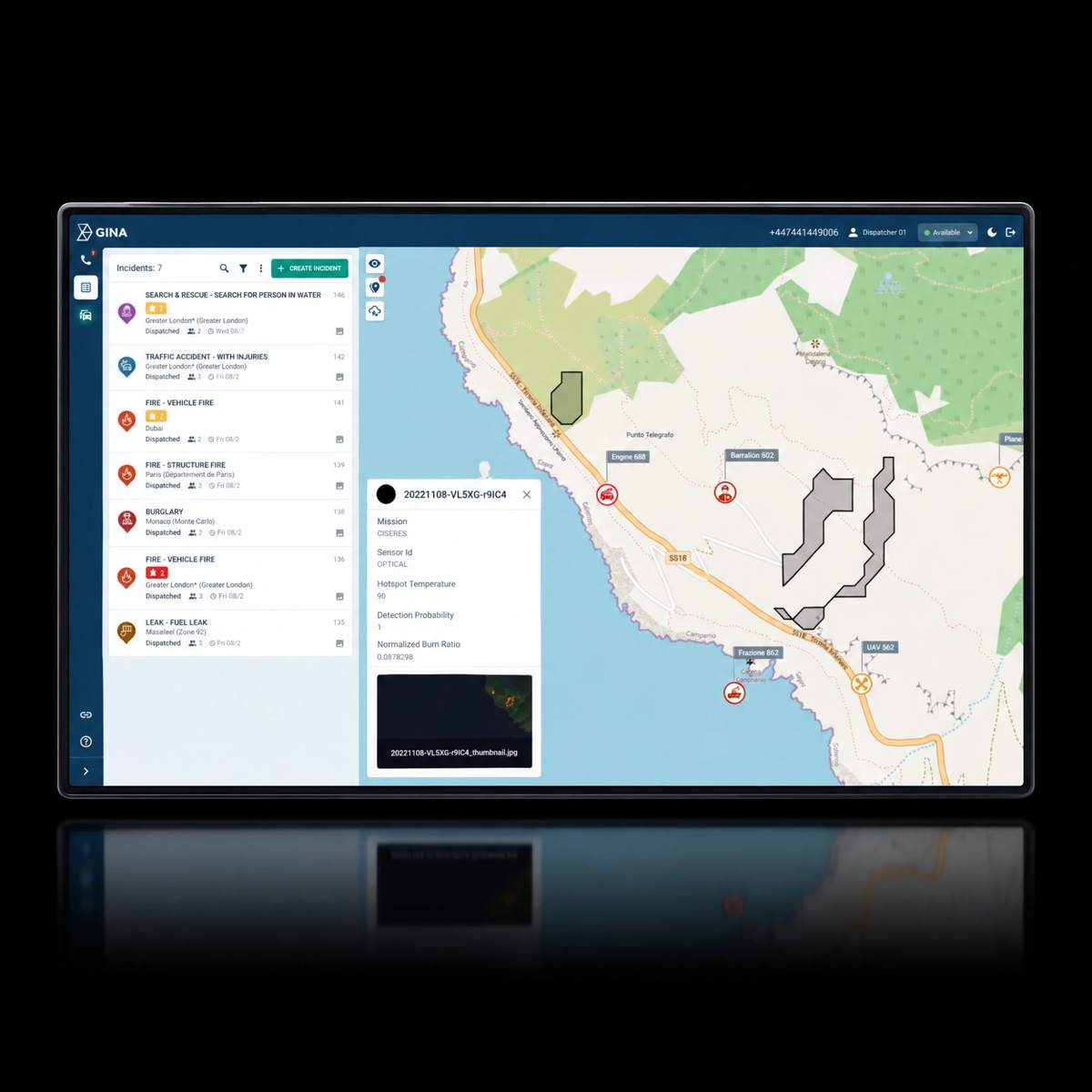 Smart CAD running on a rugged tablet: an incident list beside a live map with units, a wildfire perimeter and a satellite detection card.