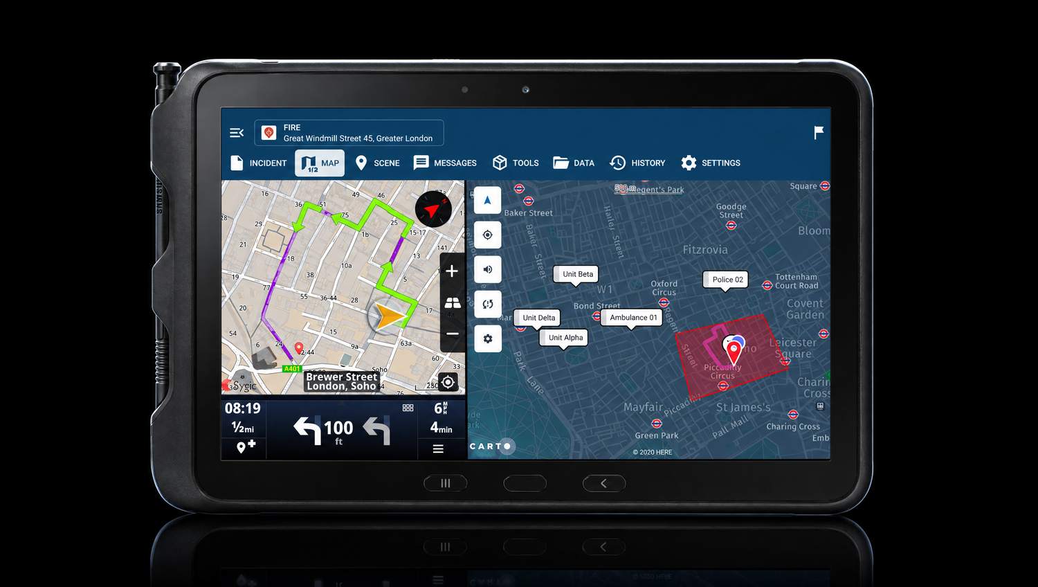 A rugged tablet running GINA in the field: turn-by-turn navigation beside a live incident map with units and a tasked area.
